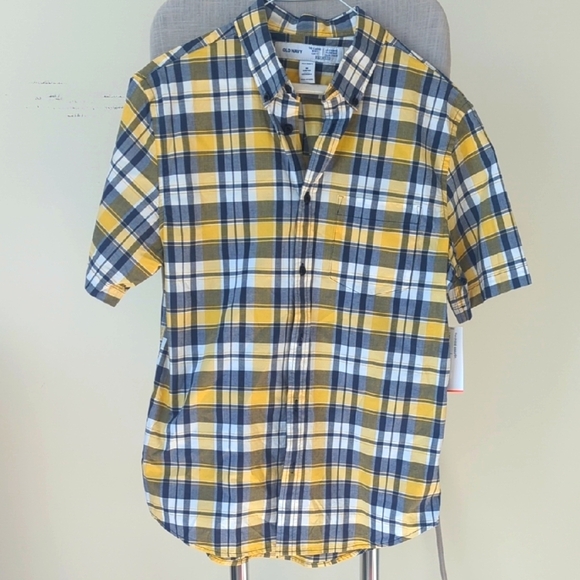 Old Navy Men's Yellow Blue Plaid Shirt Short Sleeve Summer - Slim Fit Size M NWT - Picture 1 of 5